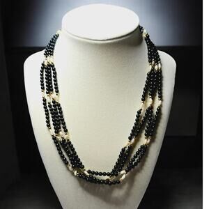 Black Beaded Multi Strand Necklace Rice Pearl Gold Accent Layered - Modern Chic